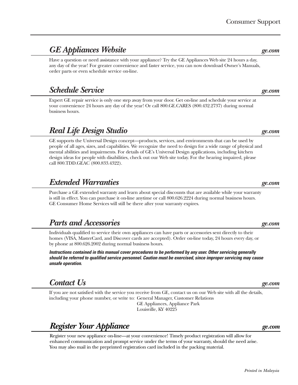 Consumer support, Consumer support . . . back cover, Ge appliances website | Schedule service, Real life design studio, Extended warranties, Parts and accessories, Contact us, Register your appliance | GE CVM2072 User Manual | Page 44 / 44