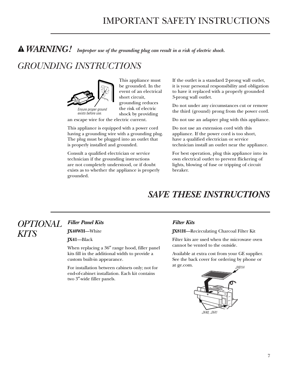 Grounding instructions, Optional kits | GE CVM2072 User Manual | Page 7 / 44