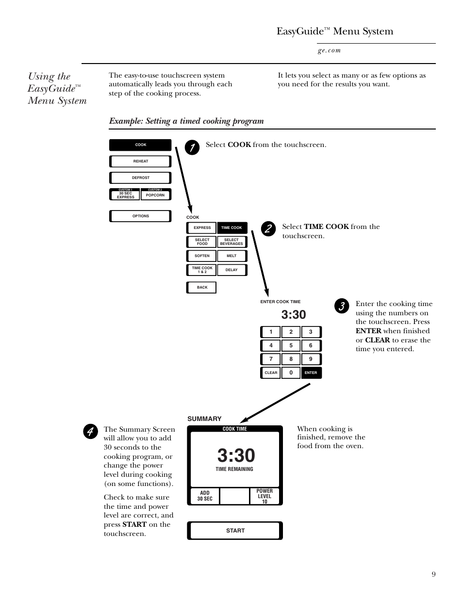 Easy guide™ menu system, Easy guide, Menu system | Using the easyguide, Easyguide, Example: setting a timed cooking program, Select cook from the touchscreen | GE CVM2072 User Manual | Page 9 / 44