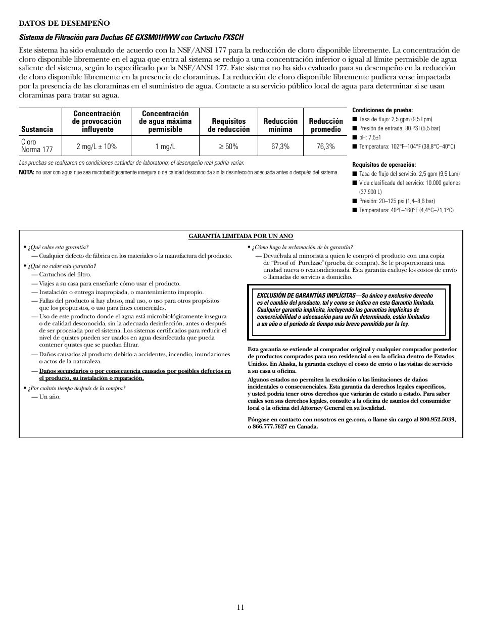 Datos de desempeño | GE GXSM01HWW User Manual | Page 11 / 12