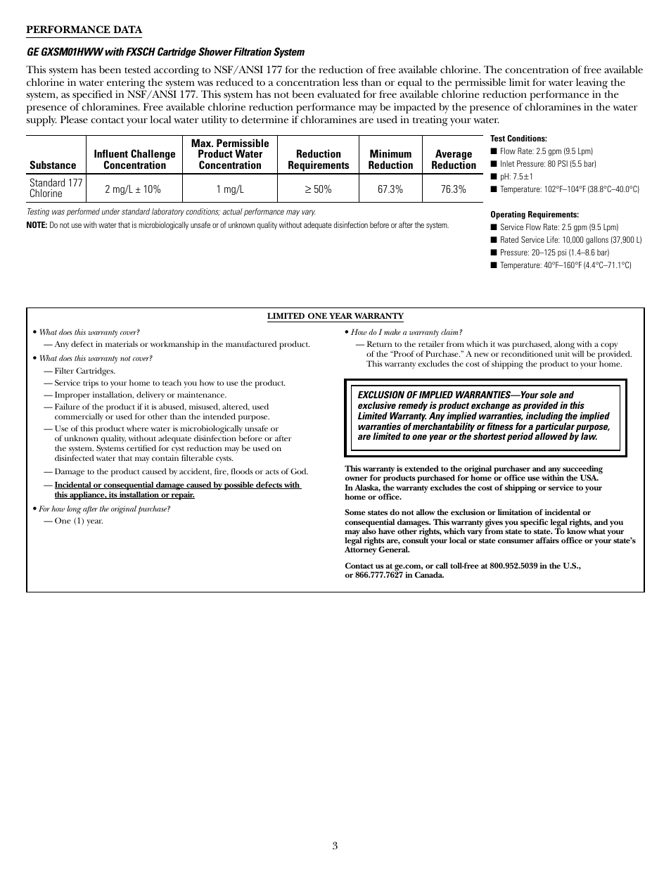 Performance data | GE GXSM01HWW User Manual | Page 3 / 12