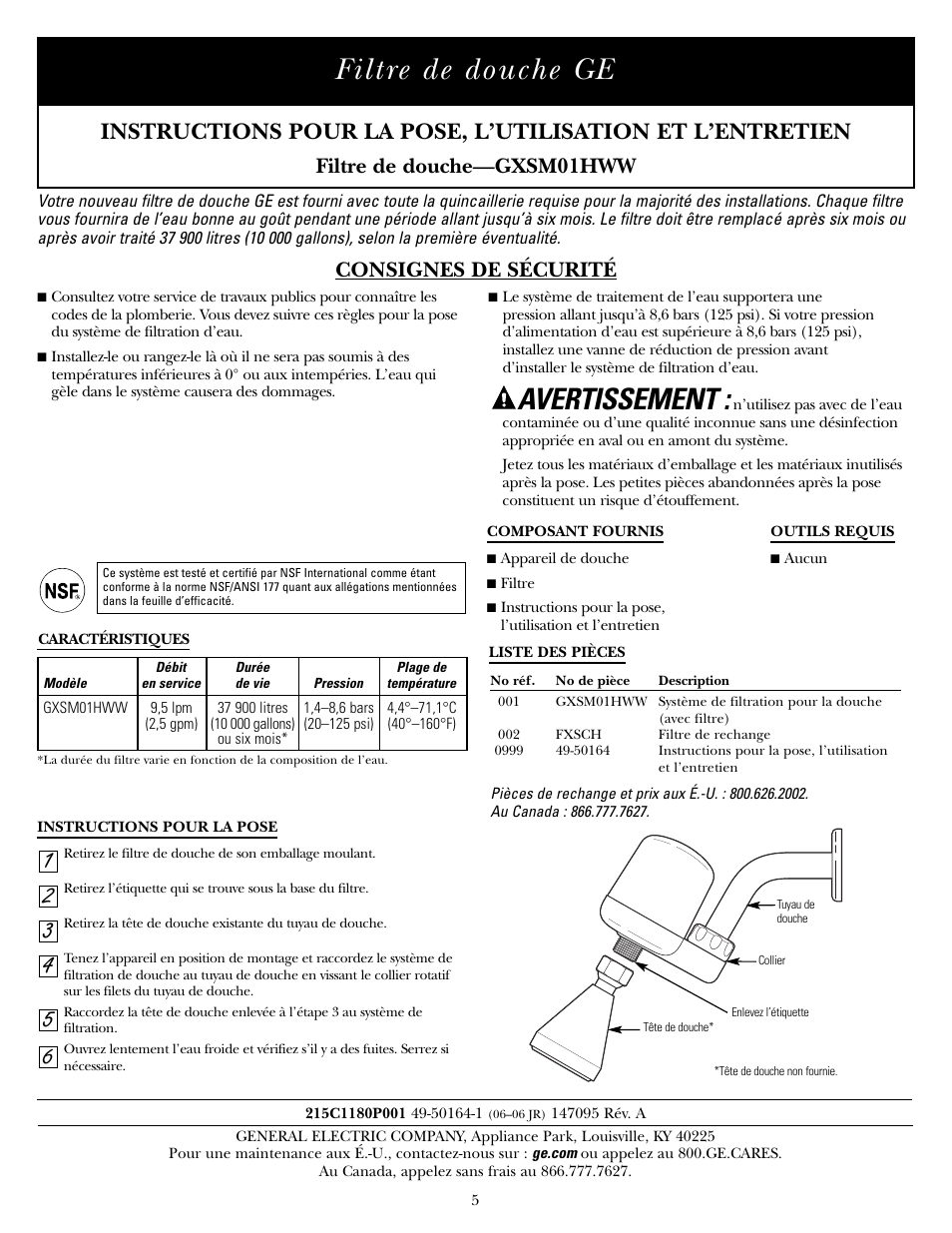 Francais, Consignes de sécurité, Caractéristiques | Liste des pièces, Instructions pour la pose, Filtre de douche ge, Avertissement, Filtre de douche—gxsm01hww consignes de sécurité | GE GXSM01HWW User Manual | Page 5 / 12