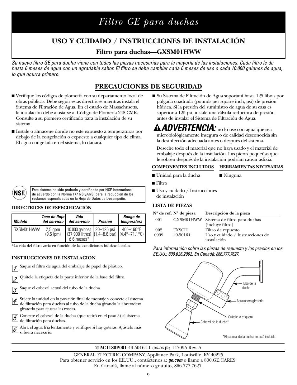 Español, Precauciones de seguridad, Directrices de especificación | Lista de piezas, Instrucciones de instalación, Filtro ge para duchas, Advertencia, Uso y cuidado / instrucciones de instalación | GE GXSM01HWW User Manual | Page 9 / 12