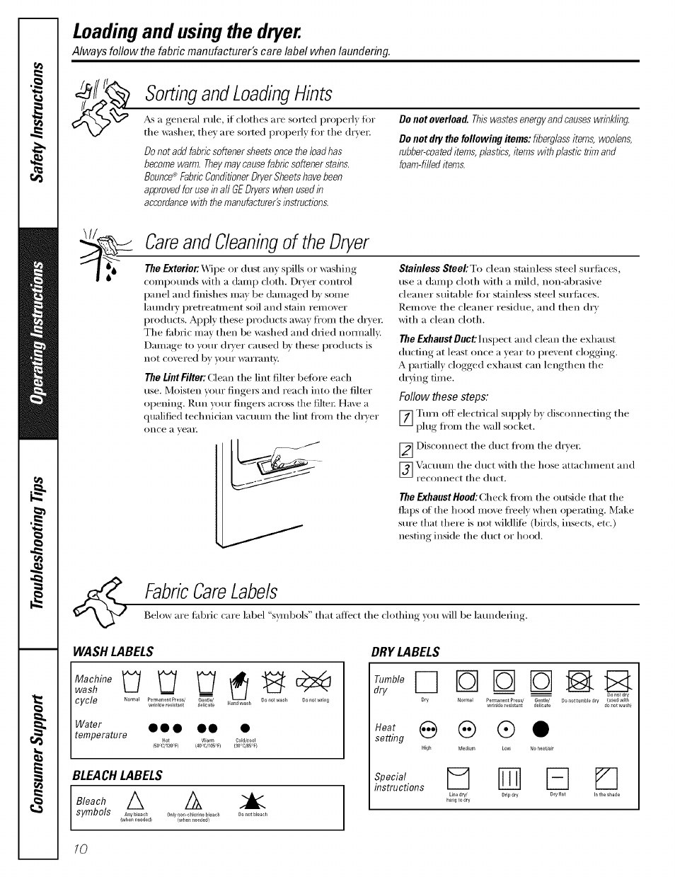 Loading and using the dryer, Sorting and loading hints, Care and cleaning of the dryer | Fabric care labels, Atic | GE DBSR453 User Manual | Page 10 / 16