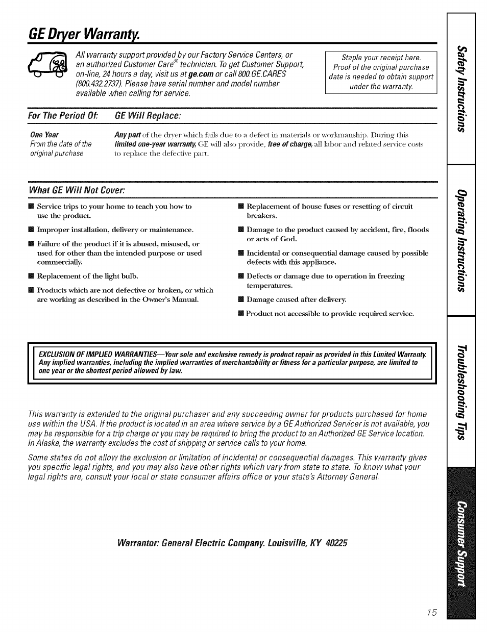 Ge dryer warranty | GE DBSR453 User Manual | Page 15 / 16