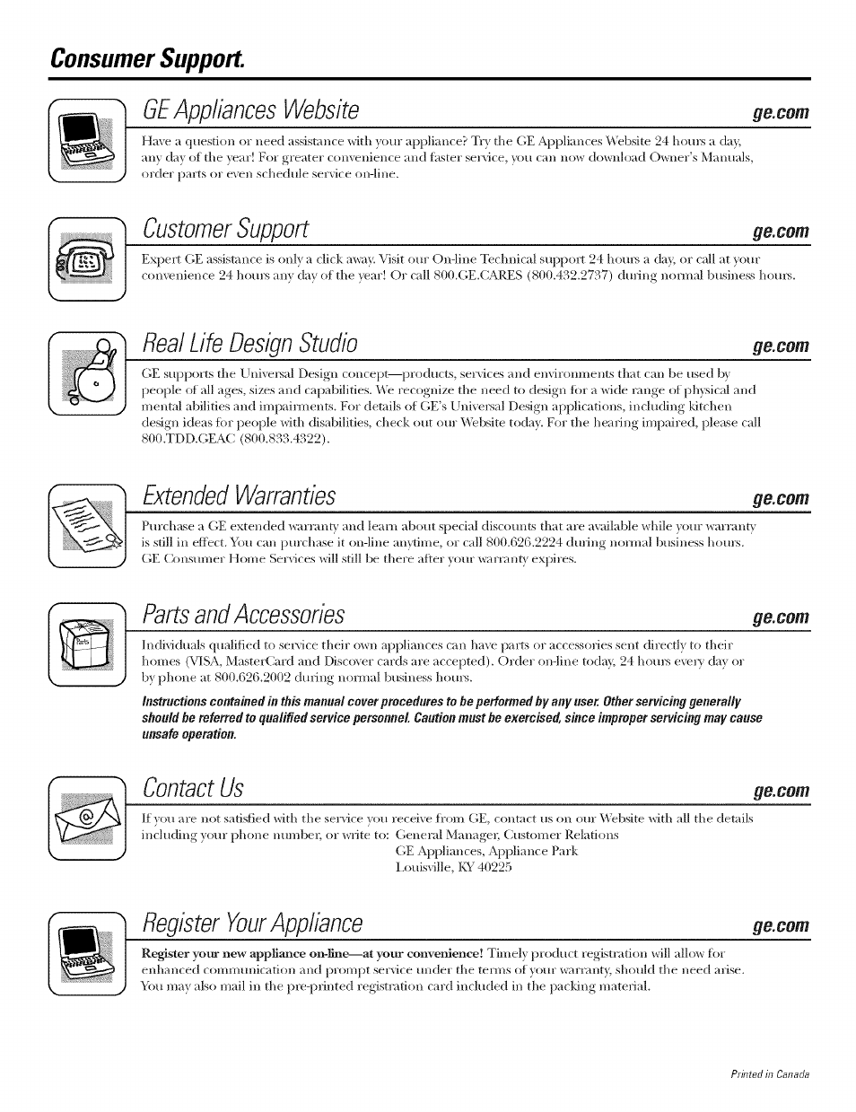 Ge appliances website, Consumer support, Contact us | Register your appliance | GE DBSR453 User Manual | Page 16 / 16