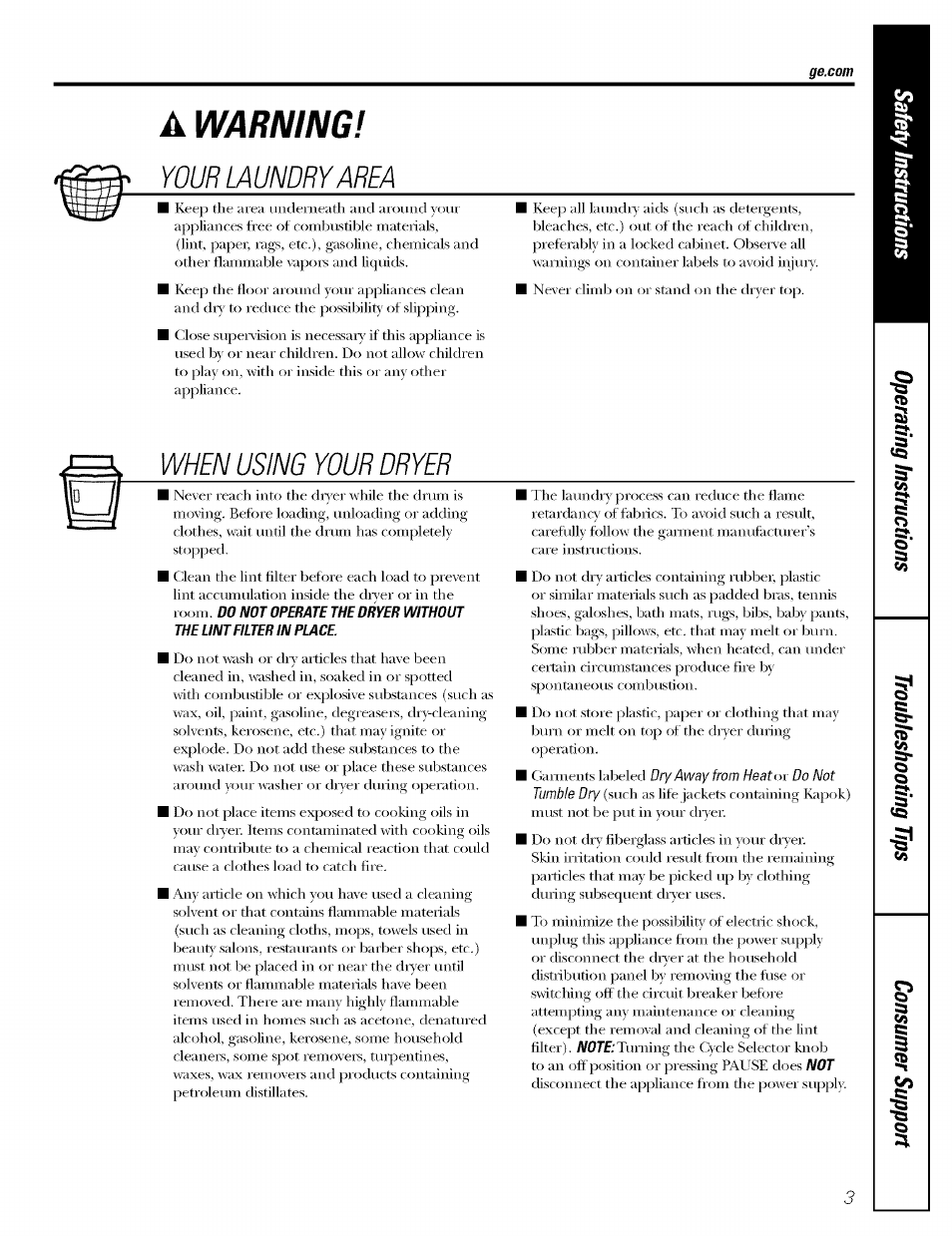 Awarning, Your laundry area, When using your dryer | GE DBSR453 User Manual | Page 3 / 16