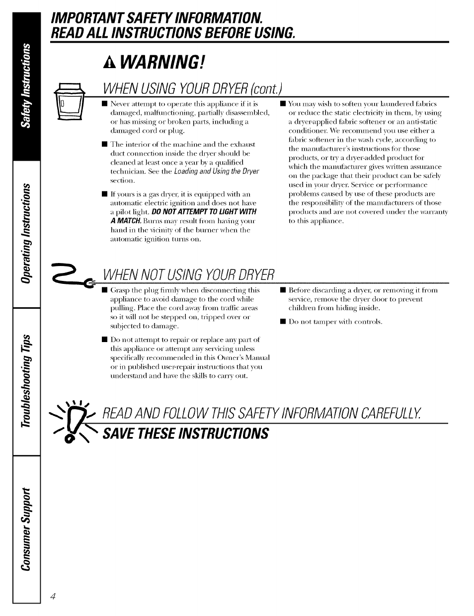 Awarning, When using your dryer (coni), When not using your dryer | GE DBSR453 User Manual | Page 4 / 16