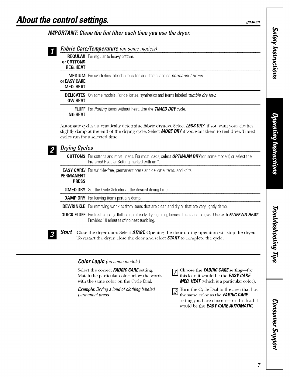 About the control settings | GE DBSR453 User Manual | Page 7 / 16