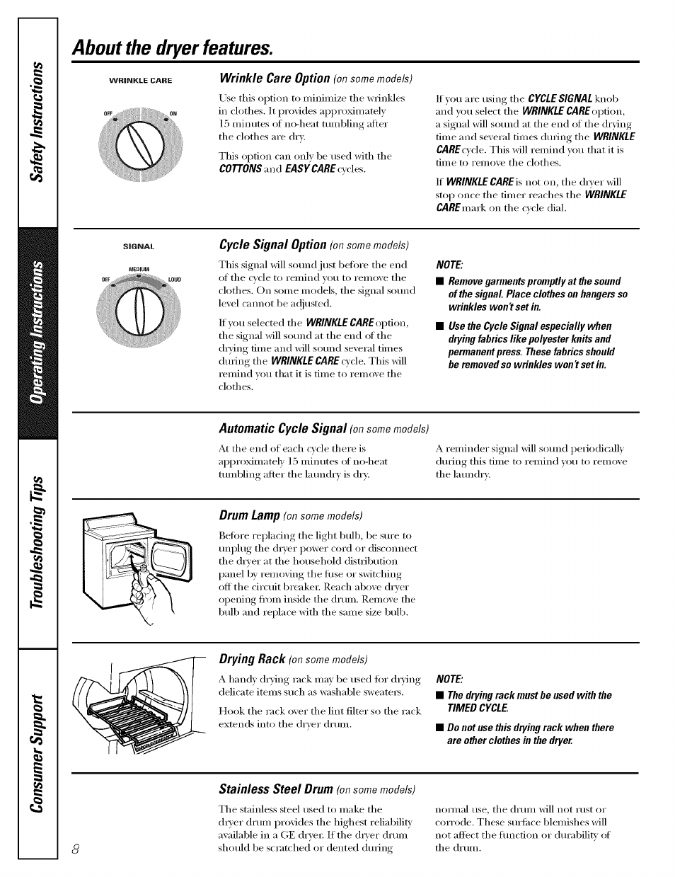 About the dryer features | GE DBSR453 User Manual | Page 8 / 16