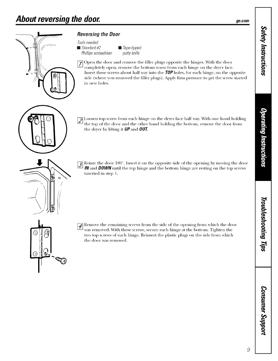 About reversing the door | GE DBSR453 User Manual | Page 9 / 16