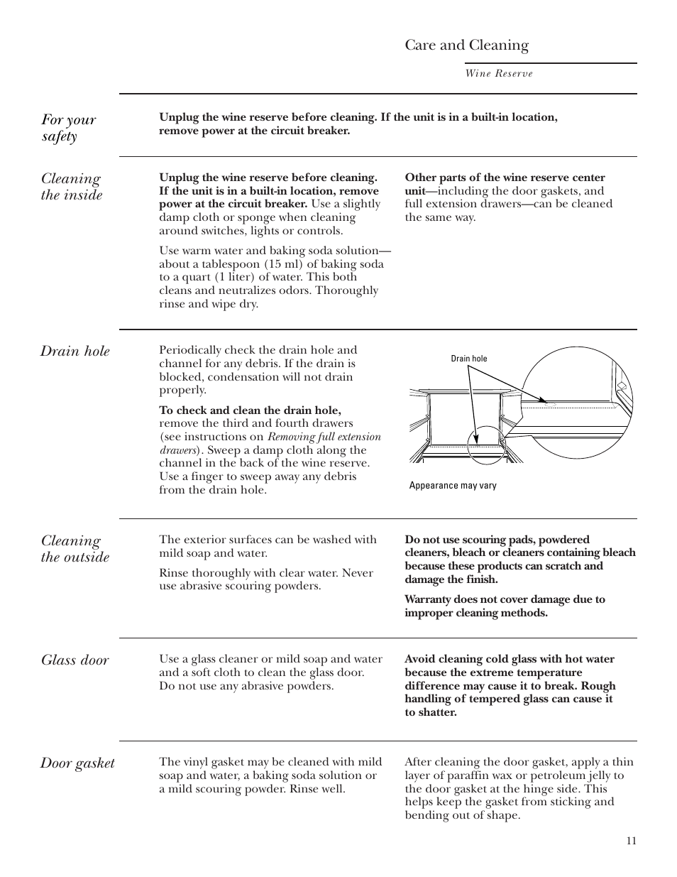 Care and cleaning, Care and cleaning , 12 | GE ZDWR240 User Manual | Page 11 / 20