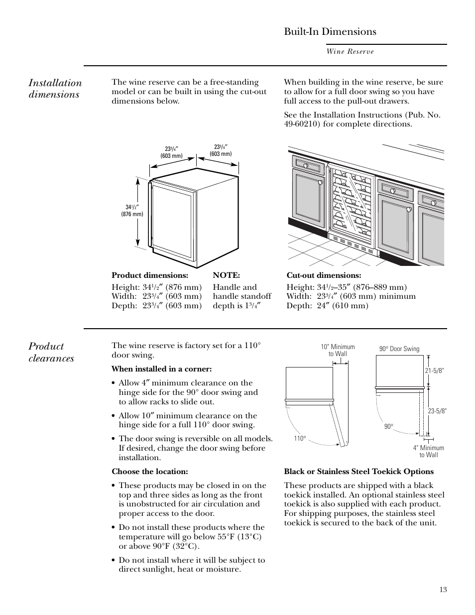 Built-in dimensions, Installation dimensions, Product clearances | GE ZDWR240 User Manual | Page 13 / 20