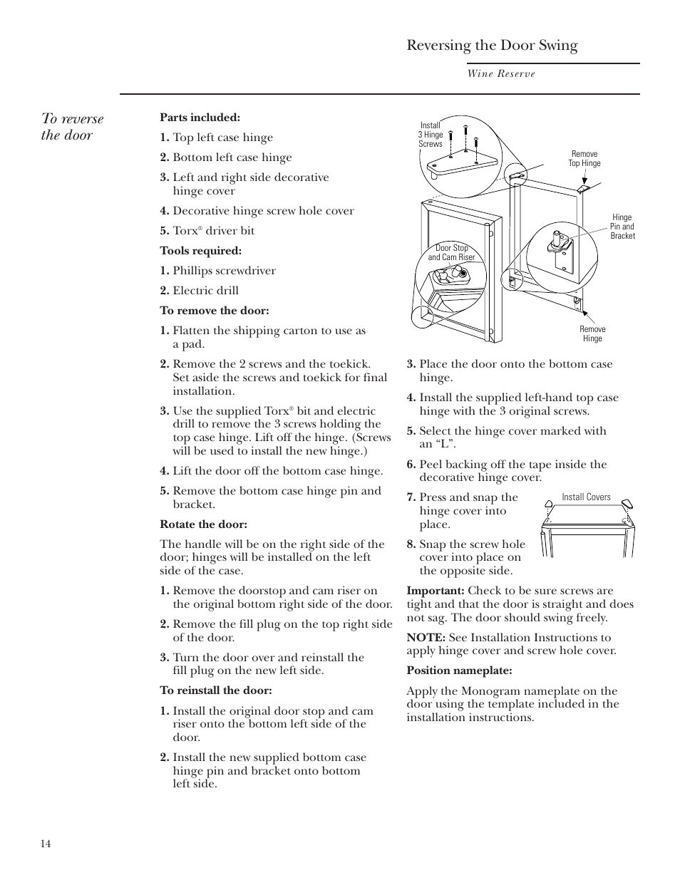 Reversing the door swing | GE ZDWR240 User Manual | Page 14 / 20