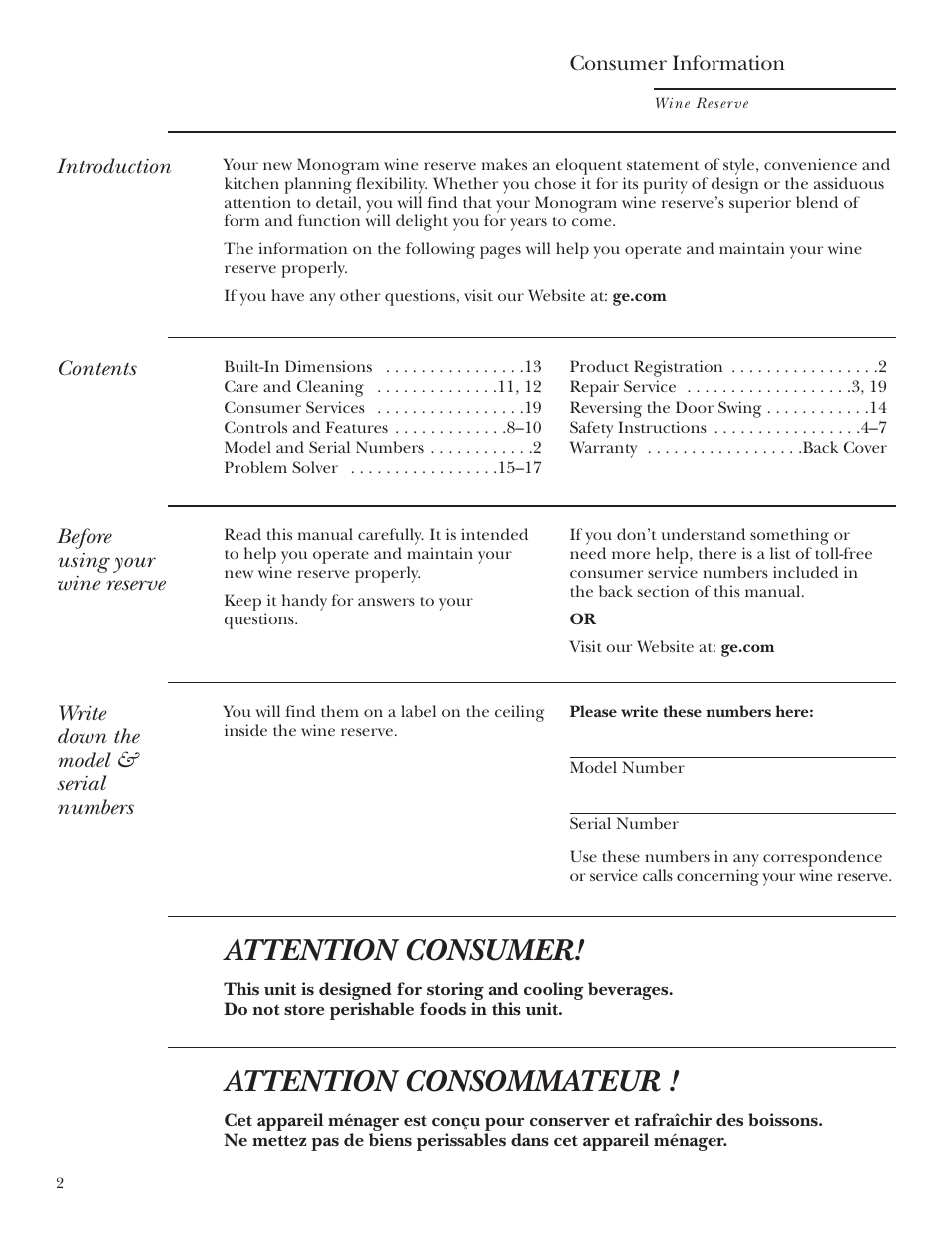 Model and serial numbers, Product registration, Attention consumer | Attention consommateur | GE ZDWR240 User Manual | Page 2 / 20