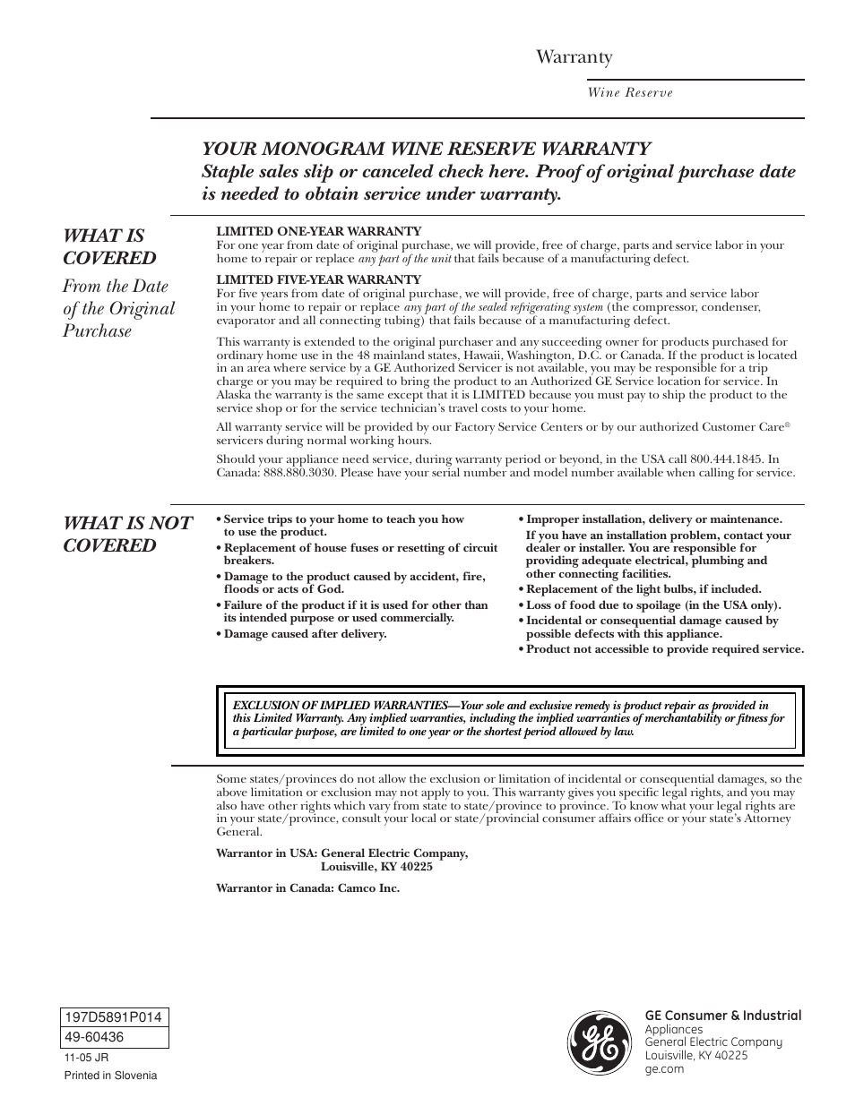 Warranty, What is not covered | GE ZDWR240 User Manual | Page 20 / 20