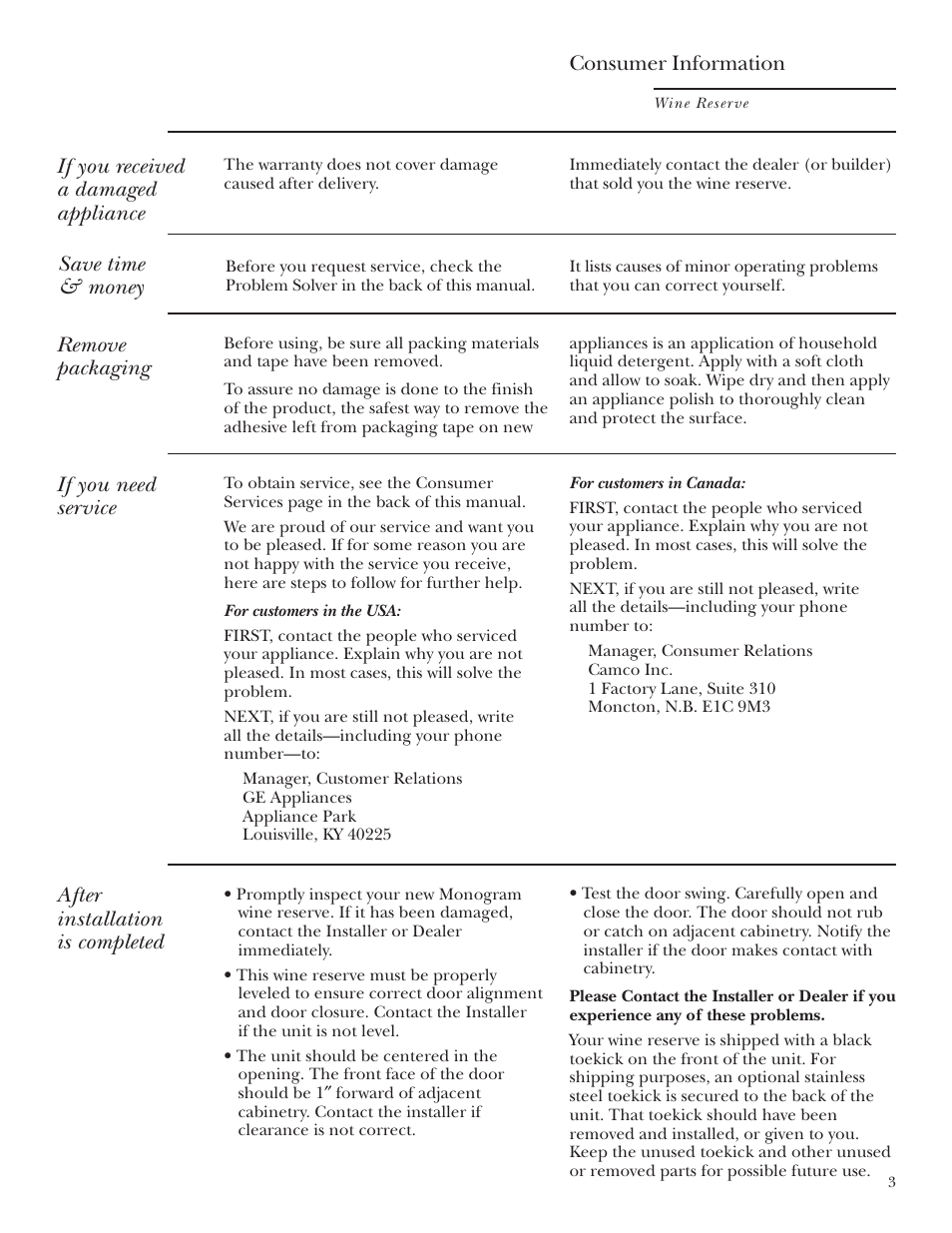 Repair service, Repair service , 19, If you received a damaged appliance | Remove packaging, If you need service, After installation is completed, Save time & money, Consumer information | GE ZDWR240 User Manual | Page 3 / 20