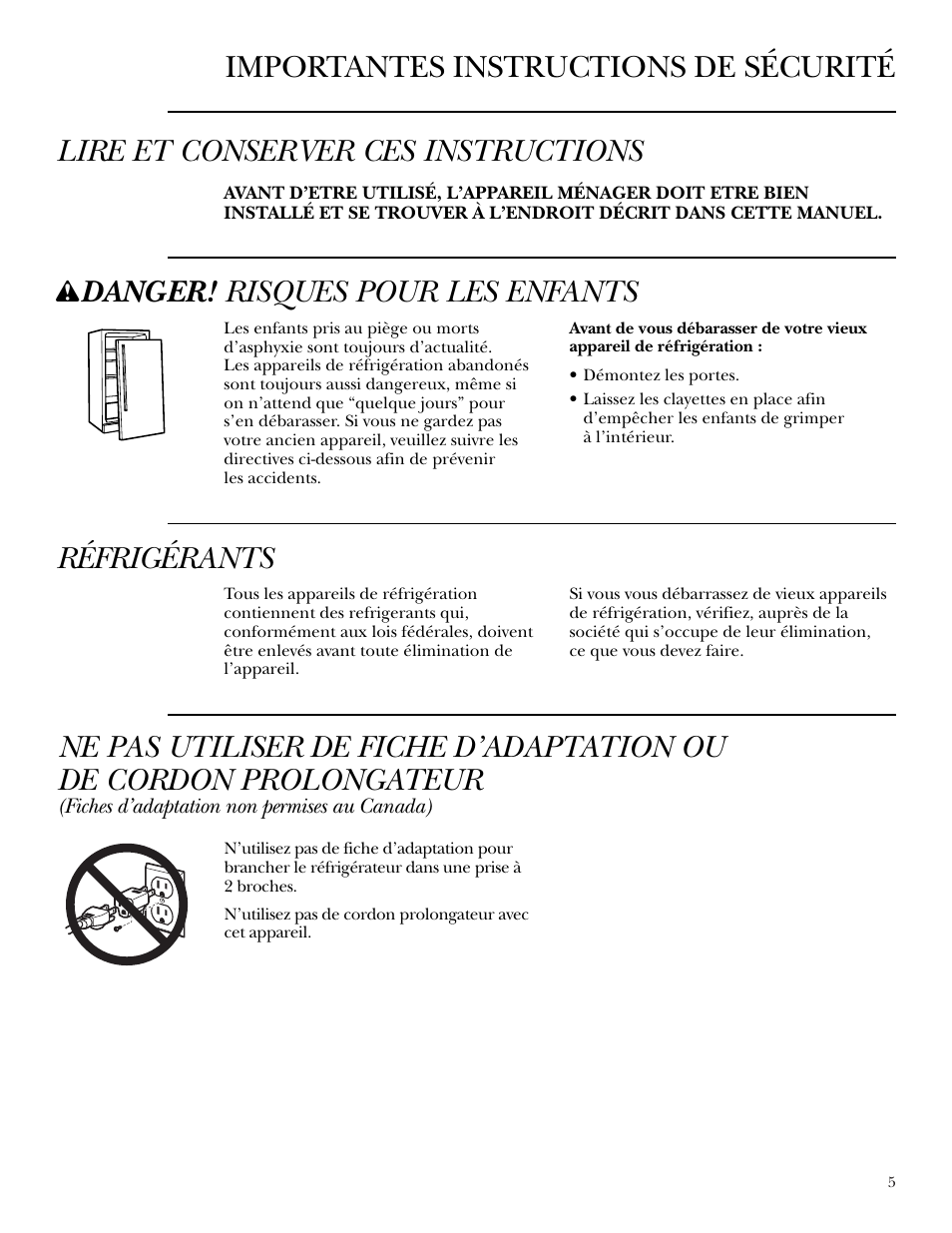 Danger! risques pour les enfants, Réfrigérants | GE ZDWR240 User Manual | Page 5 / 20