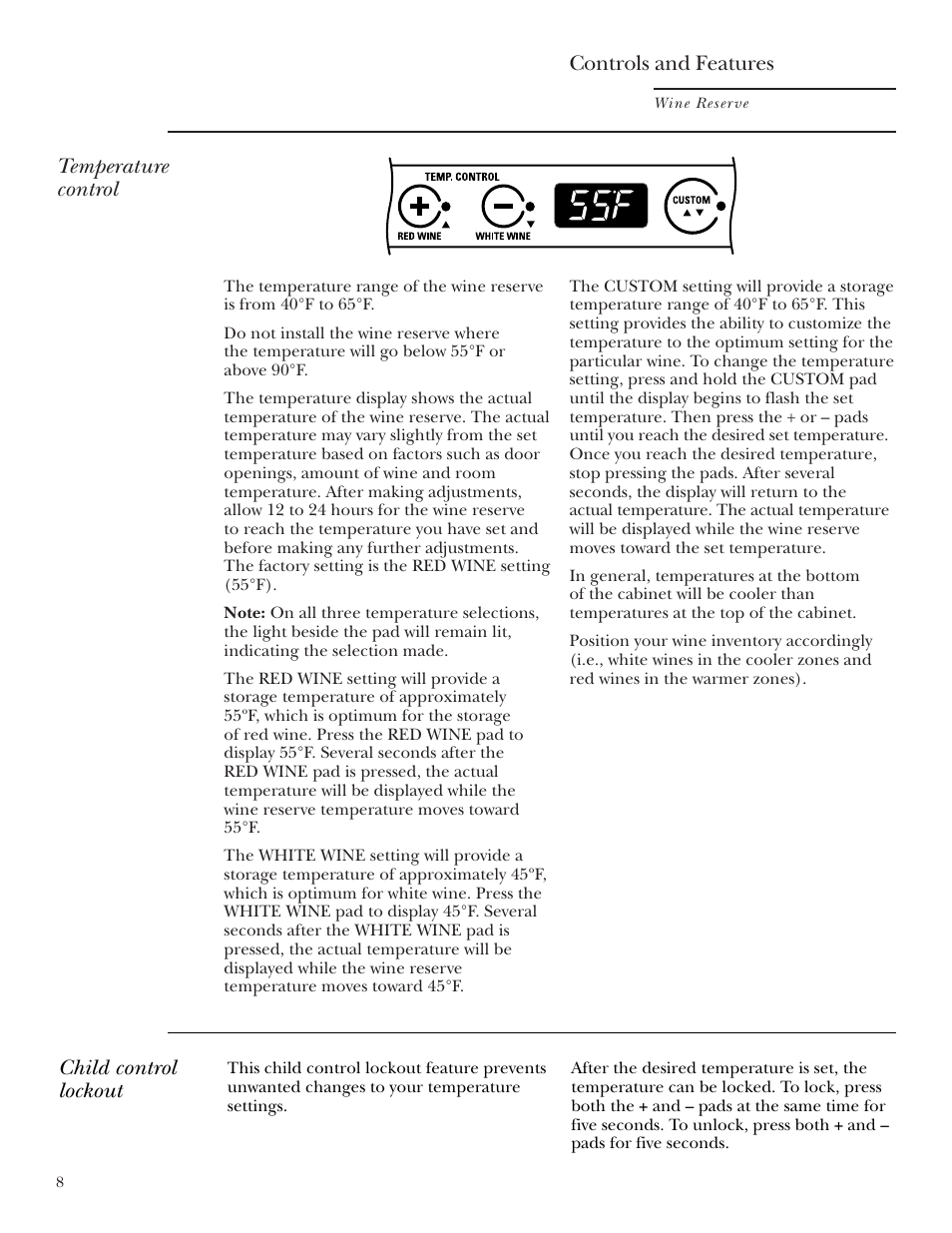 Controls and features, Controls and features –10, Temperature control | Child control lockout | GE ZDWR240 User Manual | Page 8 / 20