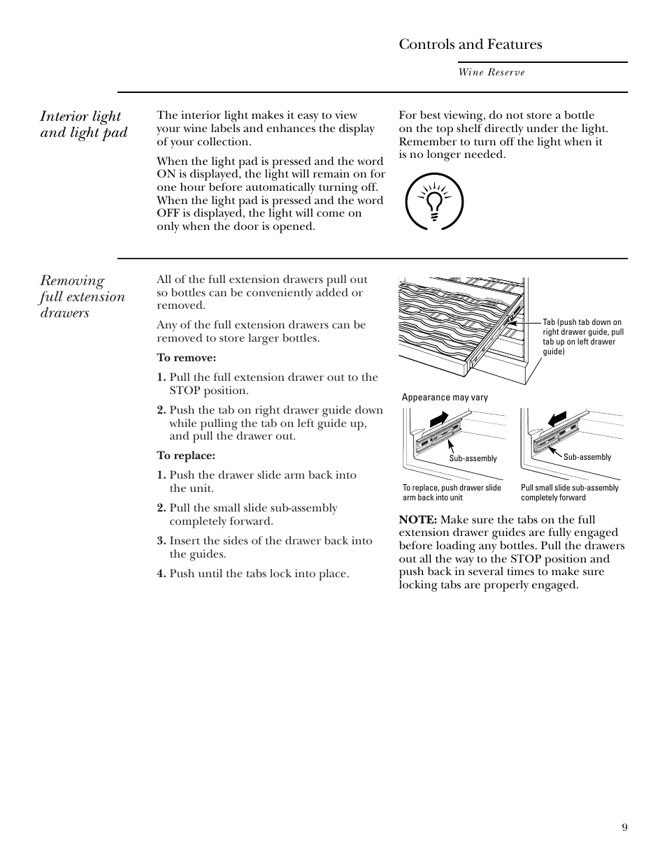 Removing full extension drawers, Interior light and light pad, Controls and features | GE ZDWR240 User Manual | Page 9 / 20