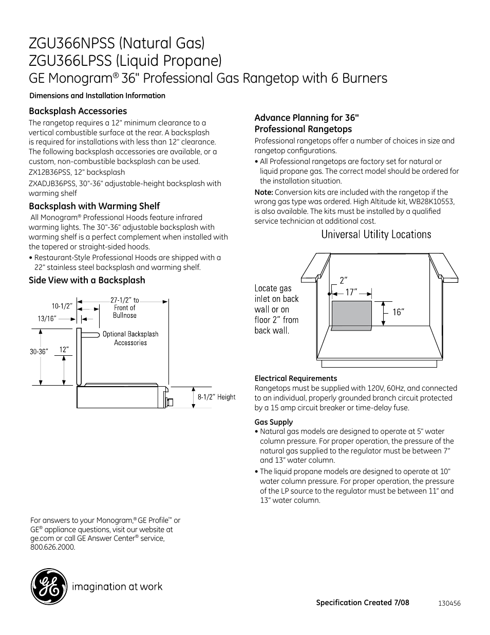 Ge monogram, 36" professional gas rangetop with 6 burners | GE Monogram ZGU366LPSS User Manual | Page 2 / 3