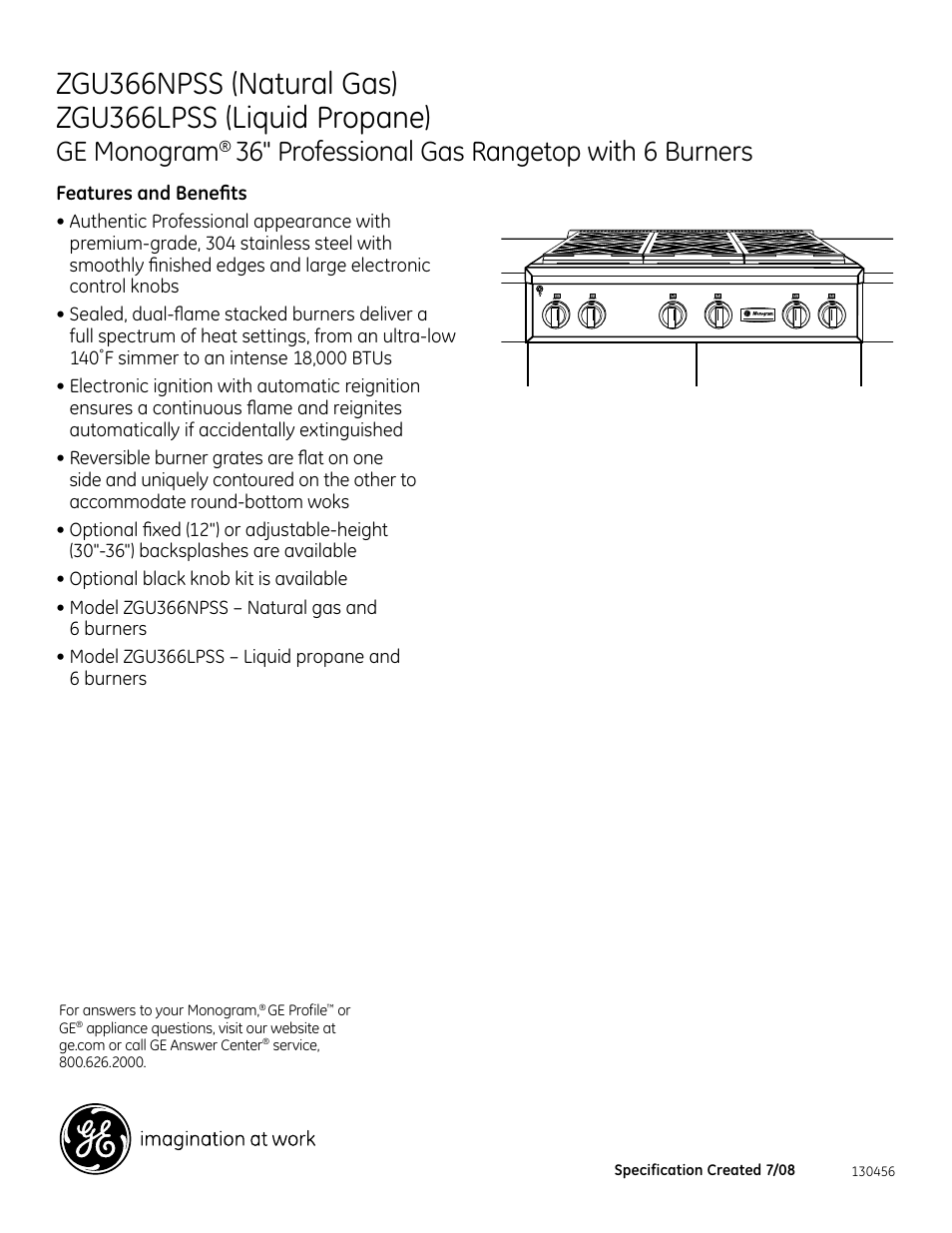 Ge monogram, 36" professional gas rangetop with 6 burners, Zgu366npss | Features and benefits | GE Monogram ZGU366LPSS User Manual | Page 3 / 3