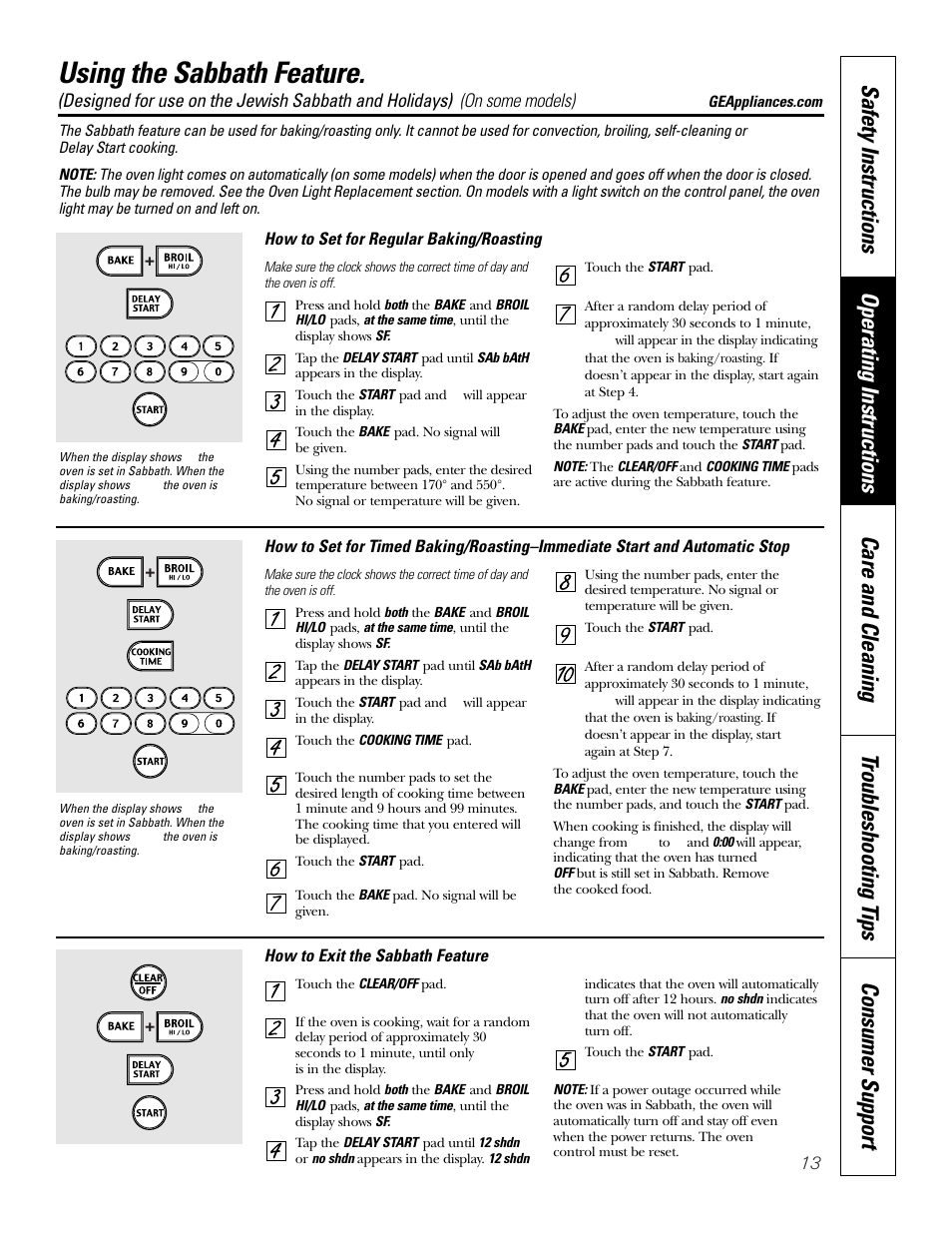 Sabbath feature, Using the sabbath feature | GE 164D4290P075-1 User Manual | Page 13 / 40