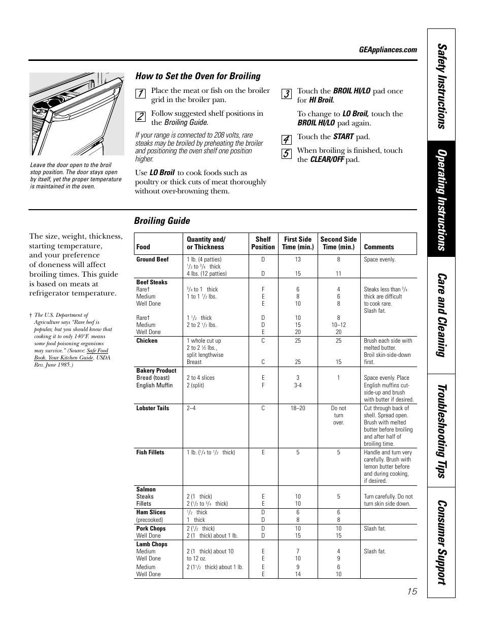 Broiling guide, How to set the oven for broiling | GE 164D4290P075-1 User Manual | Page 15 / 40