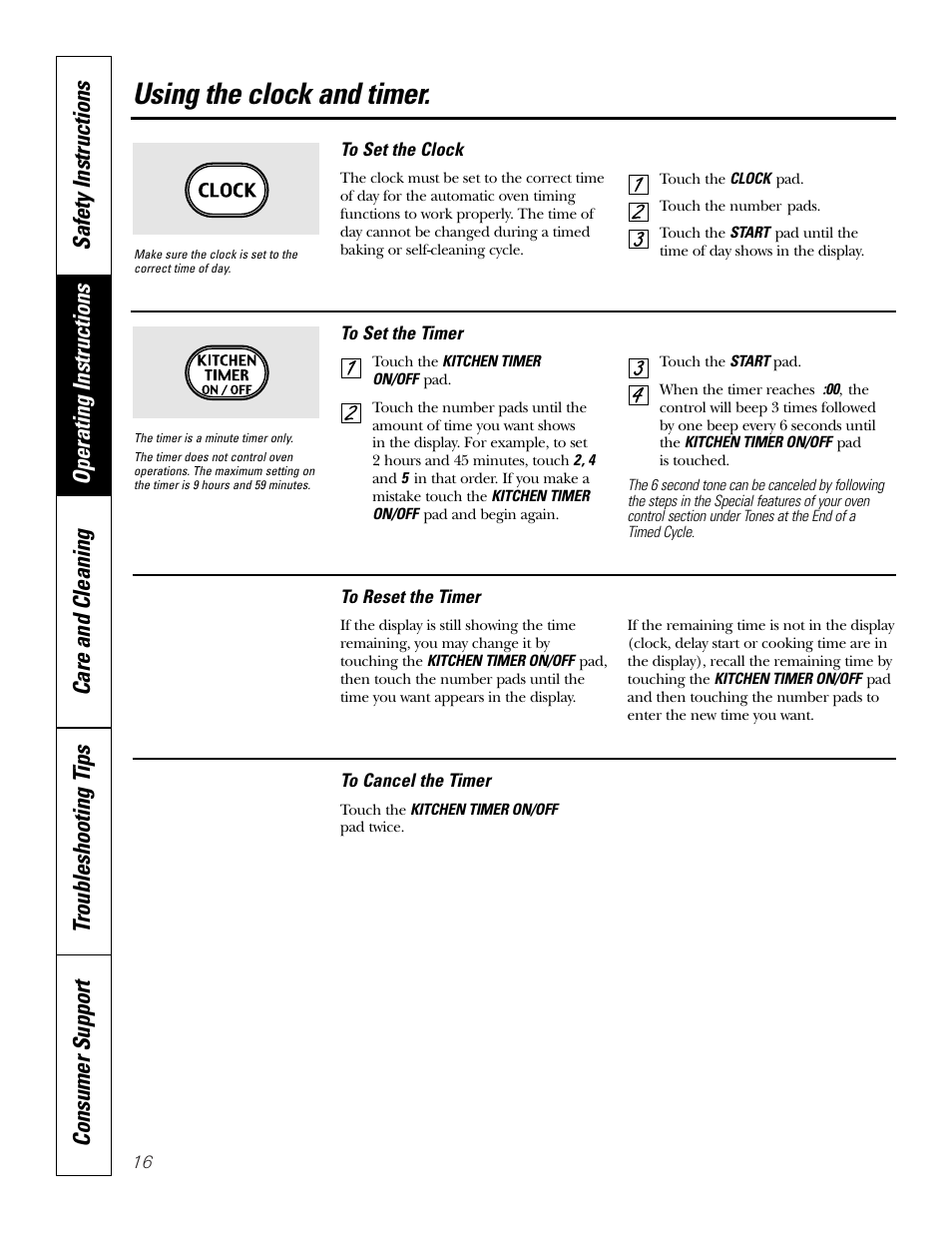 Clock and timer, Using the clock and timer | GE 164D4290P075-1 User Manual | Page 16 / 40