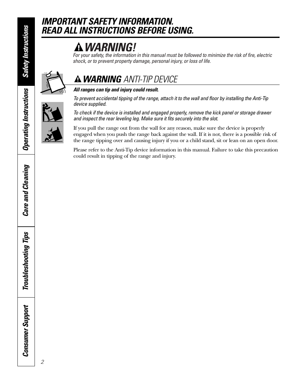 Safety instructions, Warning, Warning anti-tip device | GE 164D4290P075-1 User Manual | Page 2 / 40