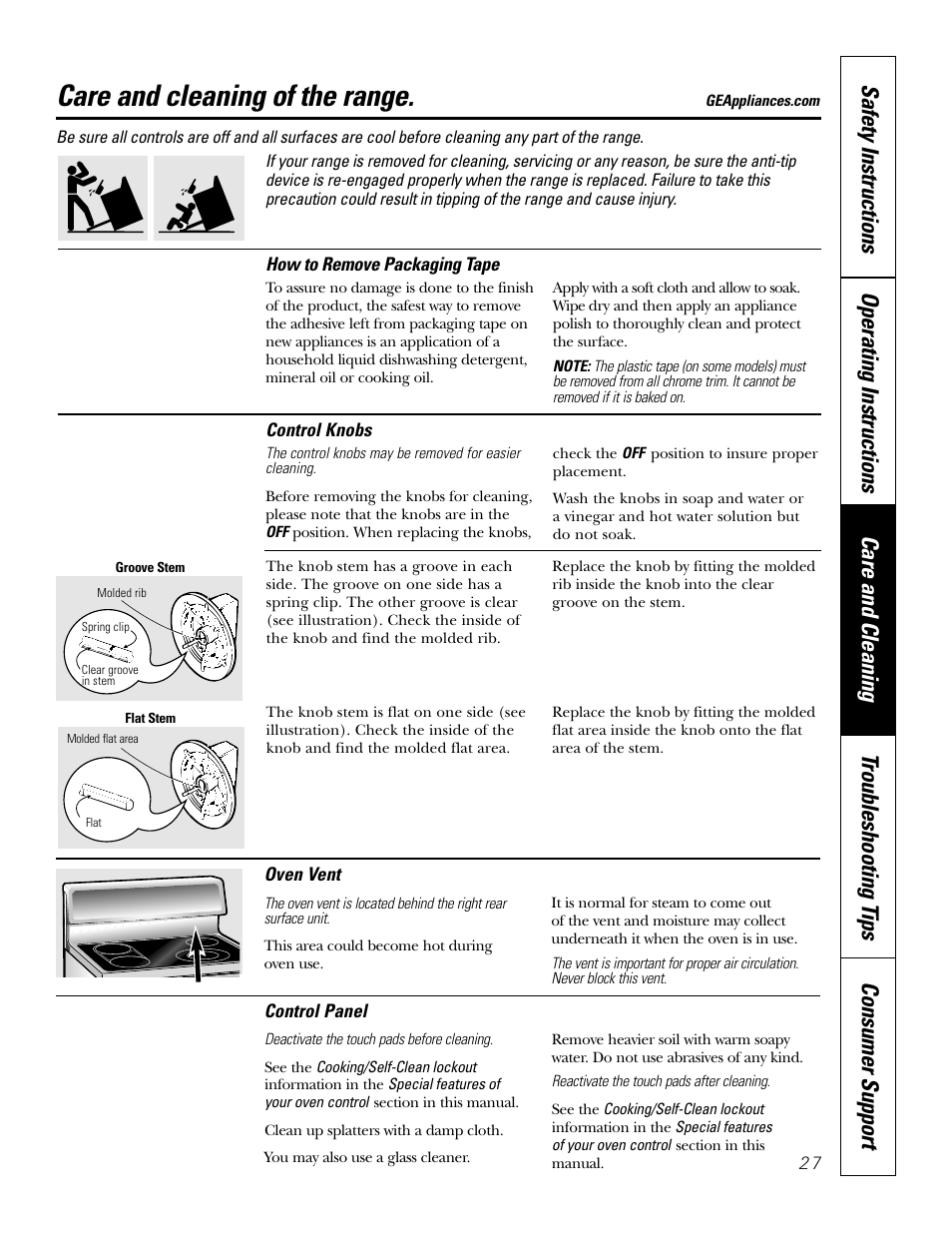 Control knobs, Care and cleaning of the range | GE 164D4290P075-1 User Manual | Page 27 / 40