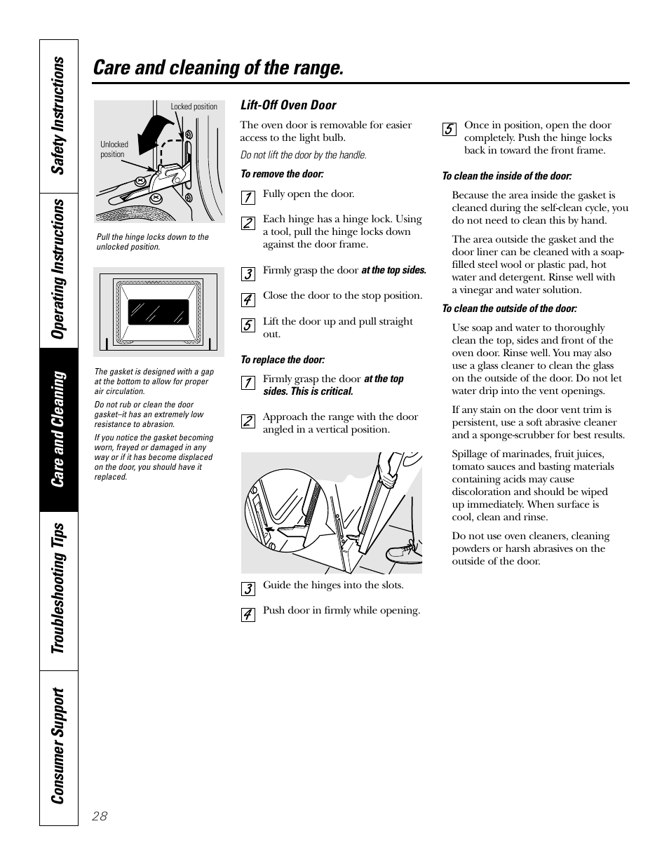 Lift-off oven door, Shelves, Care and cleaning of the range | GE 164D4290P075-1 User Manual | Page 28 / 40