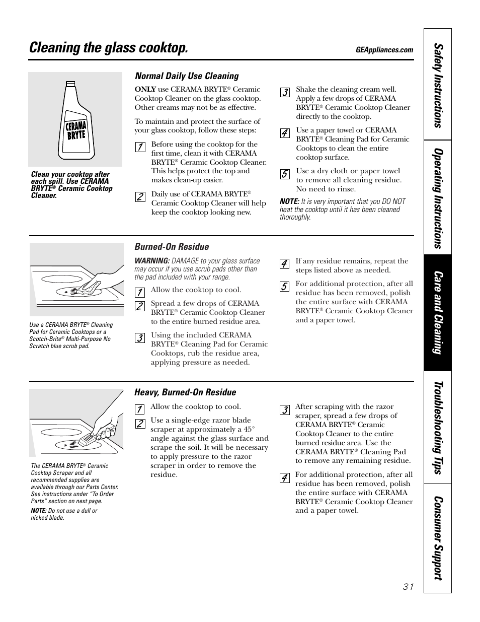 Glass cooktop, Glass cooktop , 32, Cleaning the glass cooktop | Burned-on residue, Heavy, burned-on residue, Normal daily use cleaning | GE 164D4290P075-1 User Manual | Page 31 / 40