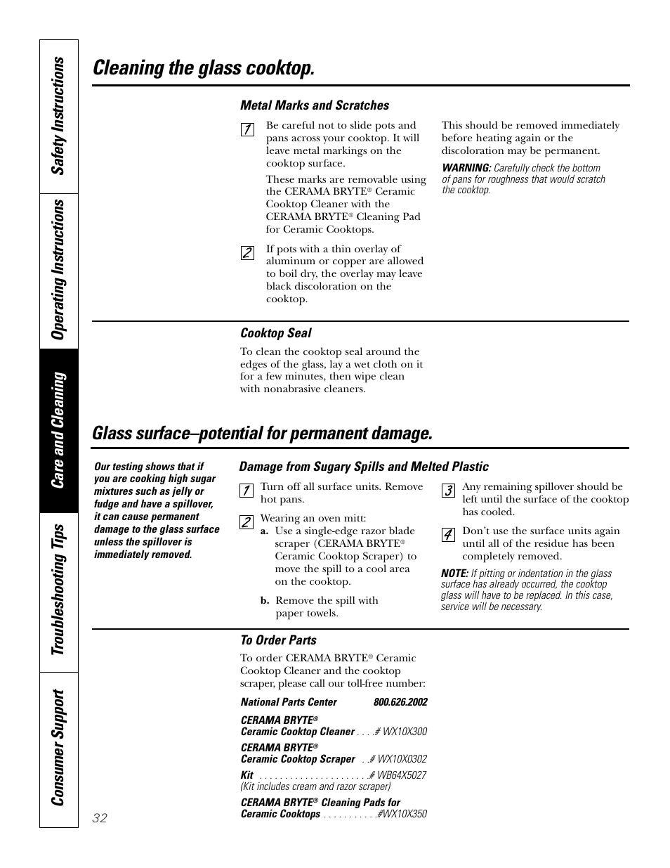 Cleaning the glass cooktop, Glass surface–potential for permanent damage | GE 164D4290P075-1 User Manual | Page 32 / 40