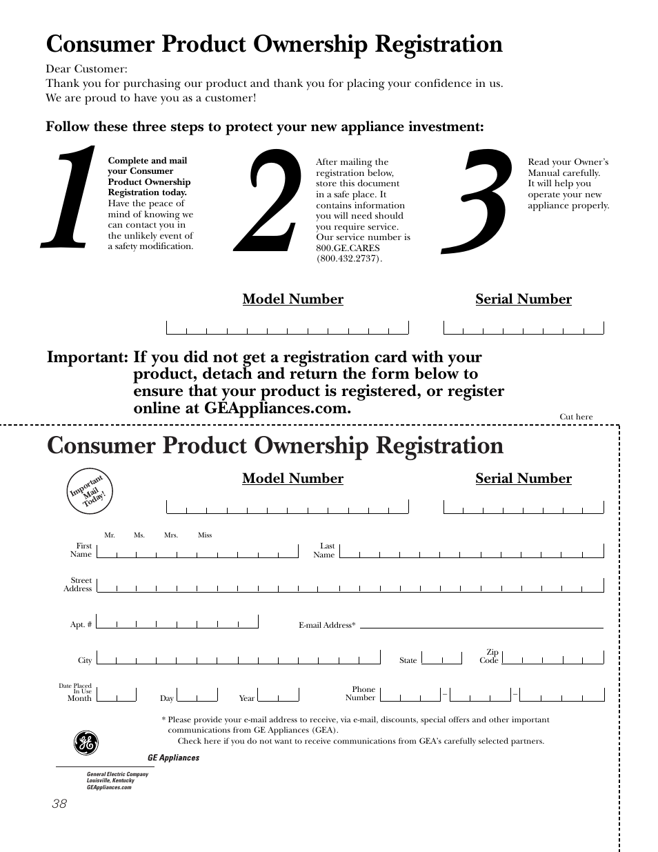 Consumer product ownership registration | GE 164D4290P075-1 User Manual | Page 38 / 40