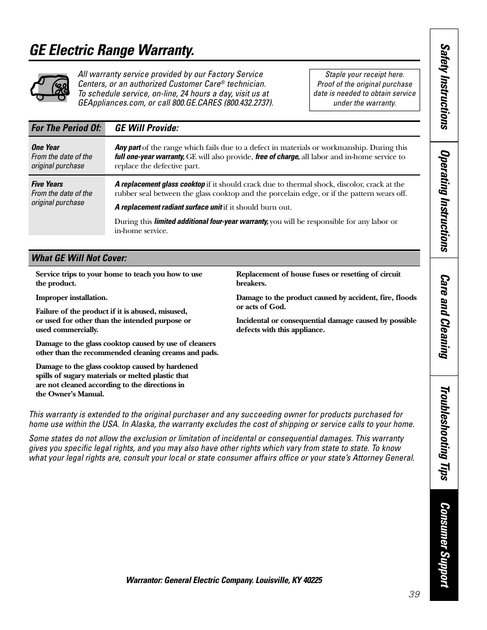 Warranty, Ge electric range warranty | GE 164D4290P075-1 User Manual | Page 39 / 40