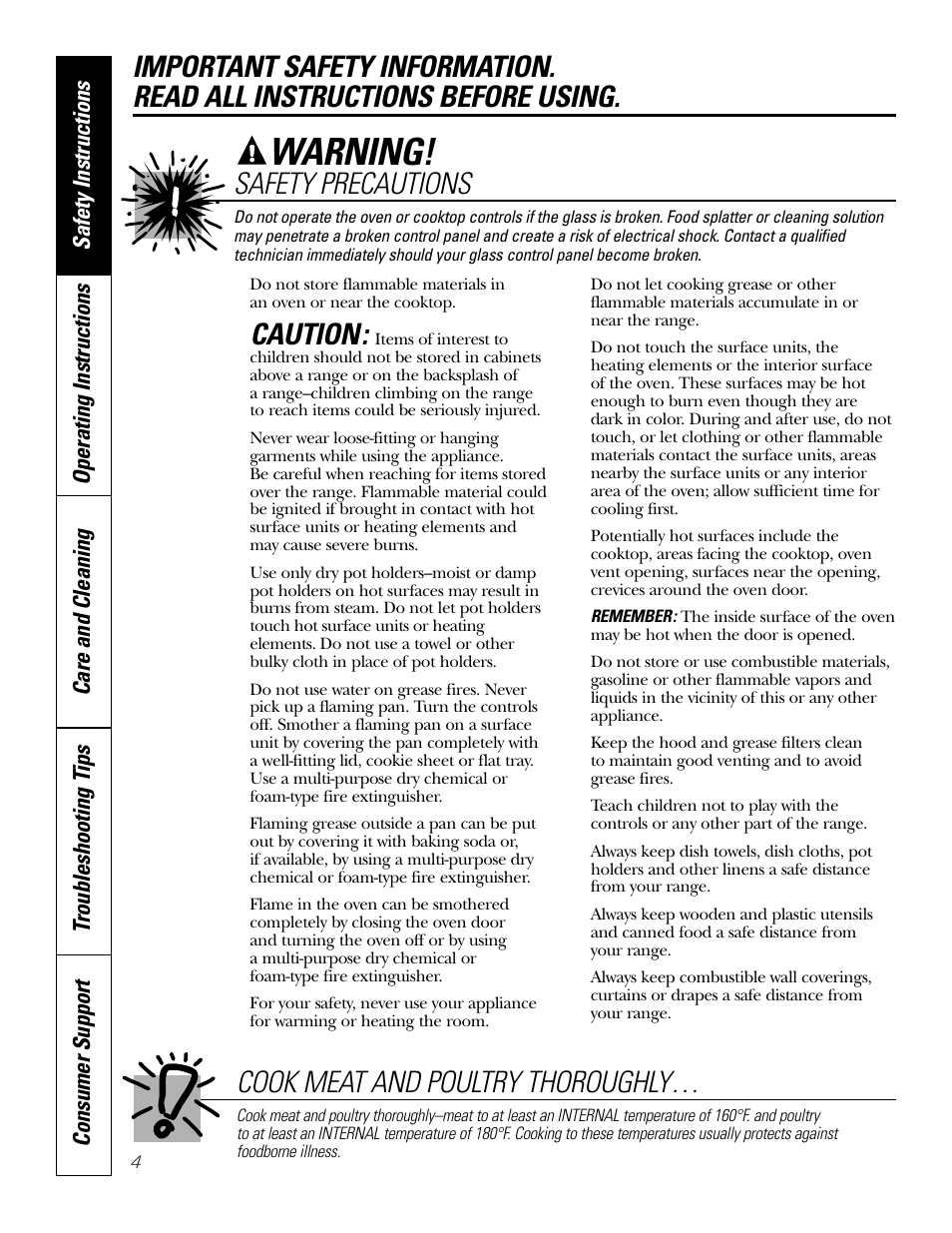 Warning, Caution, Safety precautions | Cook meat and poultry thoroughly | GE 164D4290P075-1 User Manual | Page 4 / 40