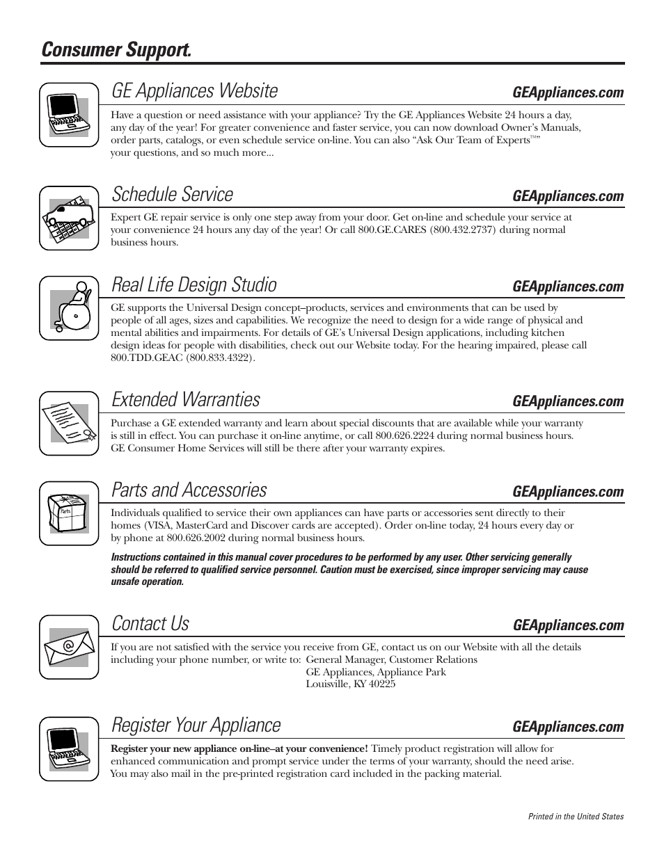 Consumer support, Consumer support . . . back cover, Consumer support. ge appliances website | Schedule service, Real life design studio, Extended warranties, Parts and accessories, Contact us, Register your appliance | GE 164D4290P075-1 User Manual | Page 40 / 40