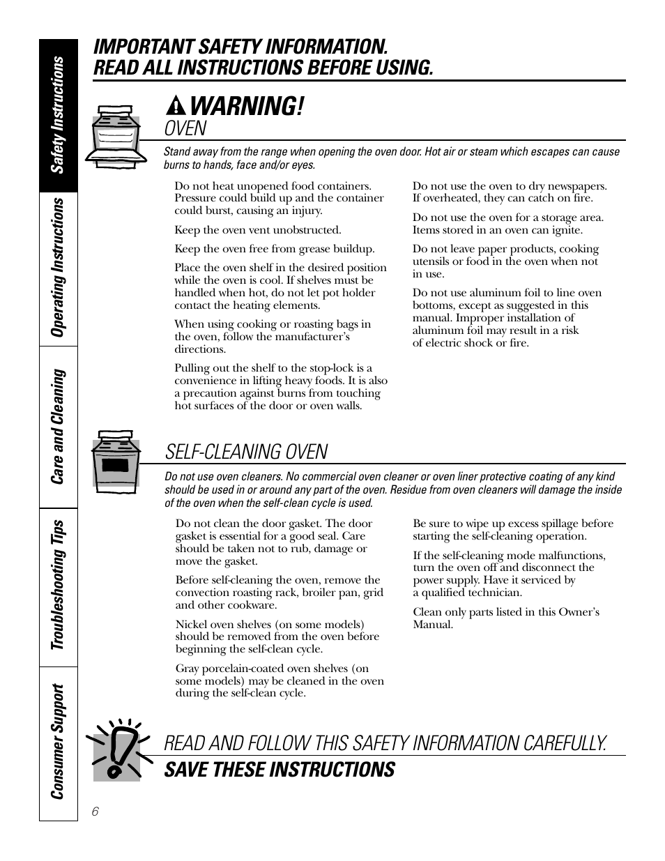 Warning, Self-cleaning oven | GE 164D4290P075-1 User Manual | Page 6 / 40