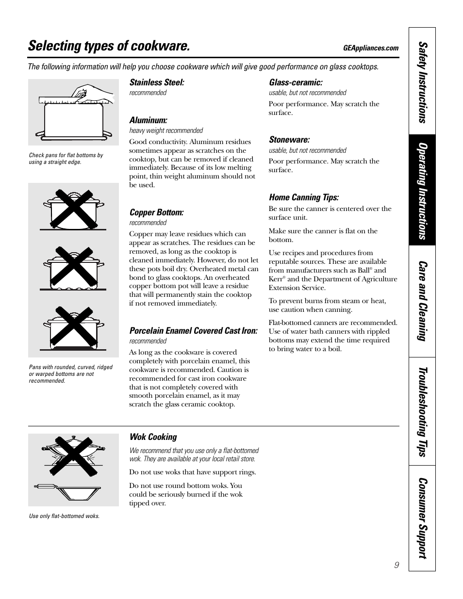 Cookware, Selecting types of cookware | GE 164D4290P075-1 User Manual | Page 9 / 40