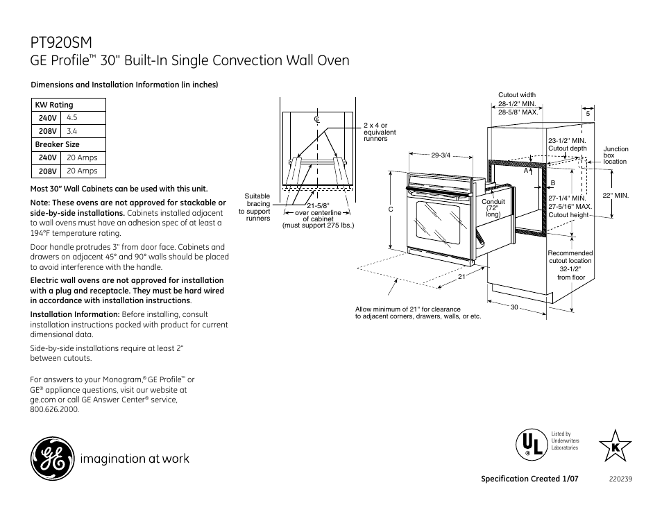 GE PT920SM User Manual | 3 pages