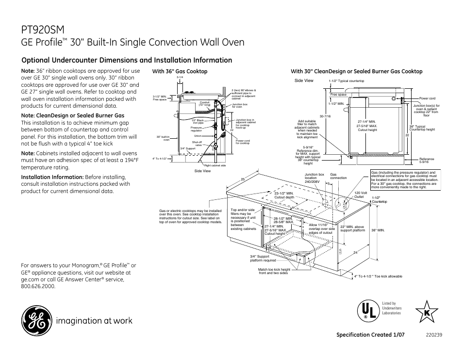 Pt920sm, Ge profile, 30" built-in single convection wall oven | Specification created 1/07, For answers to your monogram, Or ge | GE PT920SM User Manual | Page 2 / 3