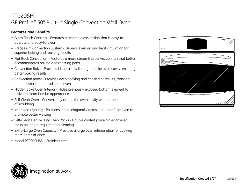 Pt920sm, Ge profile, 30" built-in single convection wall oven | GE PT920SM User Manual | Page 3 / 3