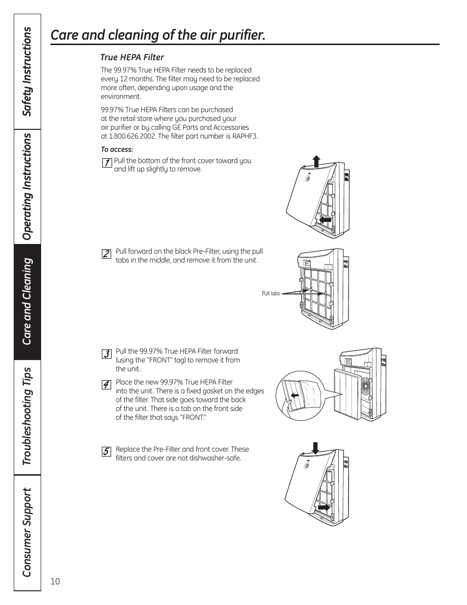 97% true hepa filter, Care and cleaning of the air purifier | GE AFHC32AM User Manual | Page 10 / 44