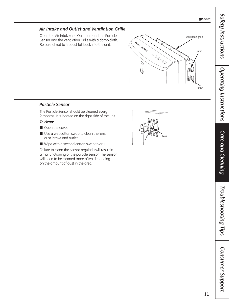 Air intake and outlet and ventilation grille, Particle sensor | GE AFHC32AM User Manual | Page 11 / 44