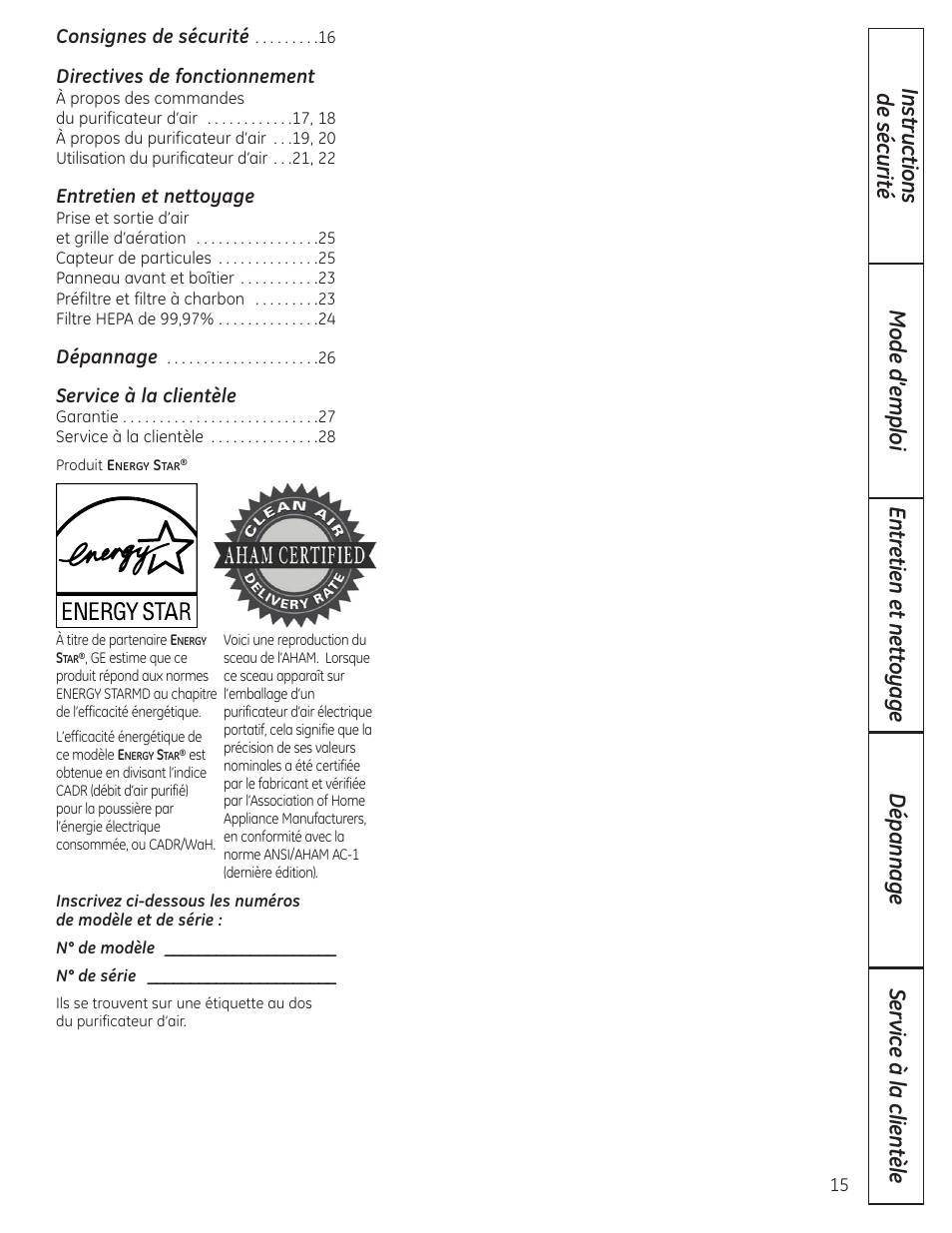 French, Directives de fonctionnement, Entretien et nettoyage | Service à la clientèle | GE AFHC32AM User Manual | Page 15 / 44
