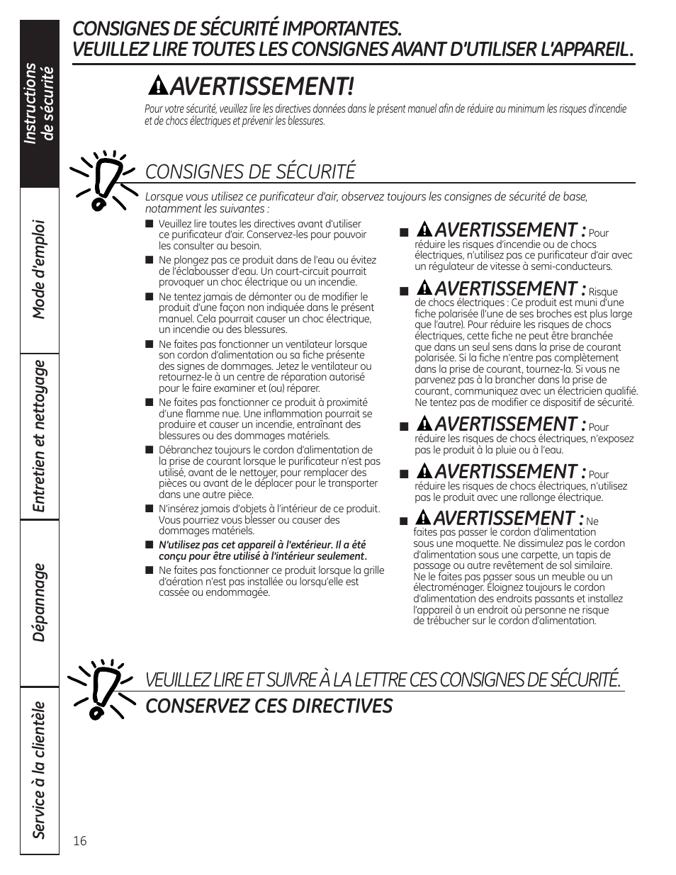 Consignes de sécurité, Avertissement | GE AFHC32AM User Manual | Page 16 / 44