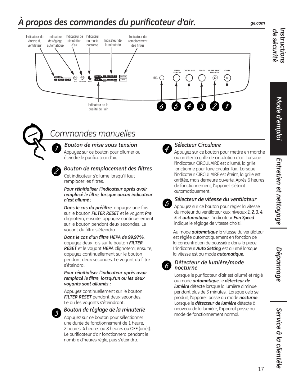 À propos des commandes du purificateur d’air, À propos des commandes du purificateur d’air , 18, Commandes manuelles | Bouton de mise sous tension, Bouton de remplacement des filtres, Bouton de réglage de la minuterie, Sélecteur circulaire, Sélecteur de vitesse du ventilateur, Détecteur de lumière/mode nocturne | GE AFHC32AM User Manual | Page 17 / 44