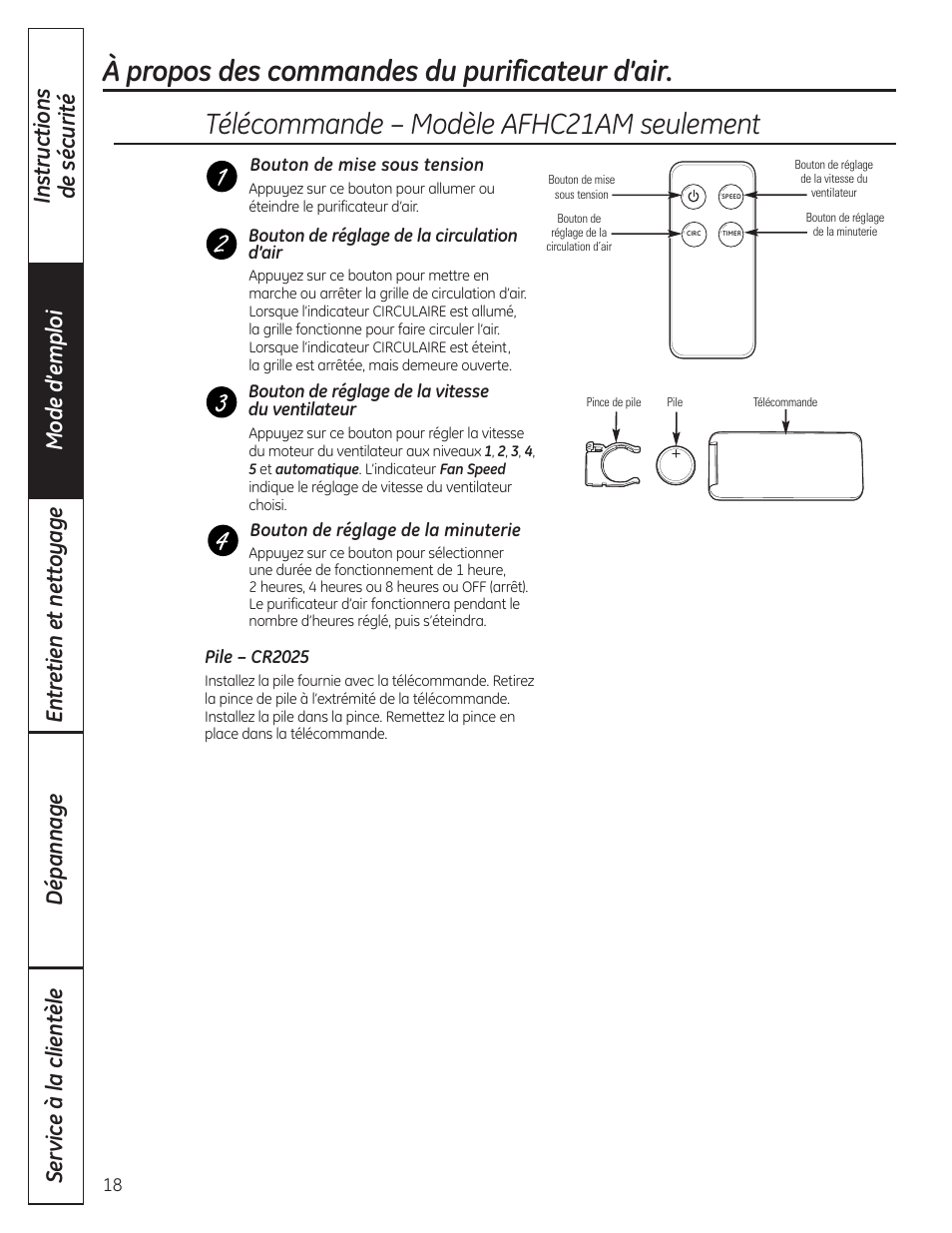 Télécommande – modèle afhc21am seulement, À propos des commandes du purificateur d’air | GE AFHC32AM User Manual | Page 18 / 44