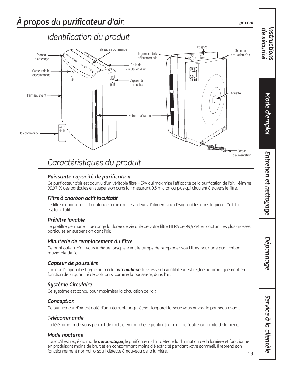 À propos du purificateur d’air, À propos du purificateur d’air , 20, Caractéristiques du produit | Identification du produit | GE AFHC32AM User Manual | Page 19 / 44